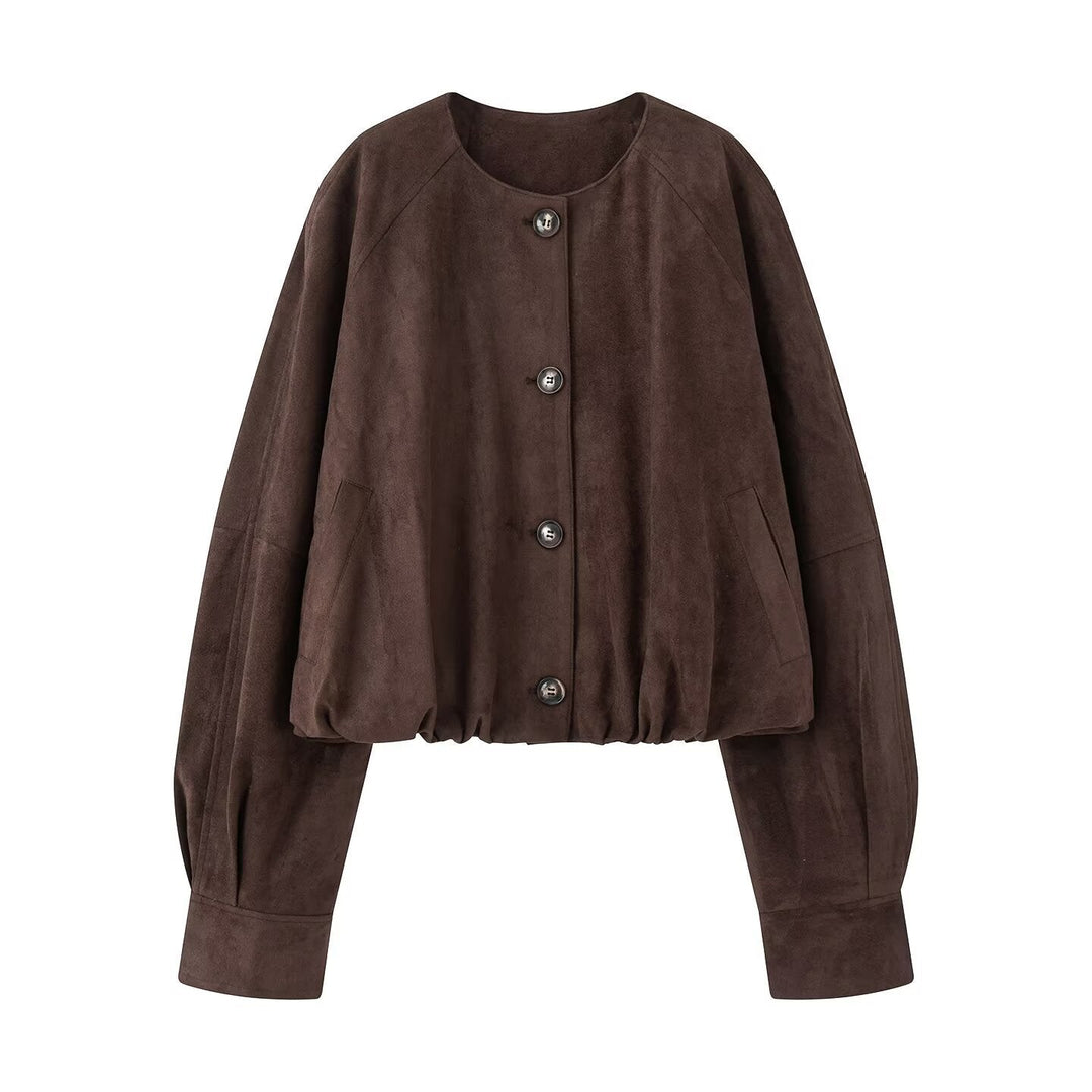 Dam Kort Blouson Jacka i Kort Look med Round Neckline och Balloon Ärmar