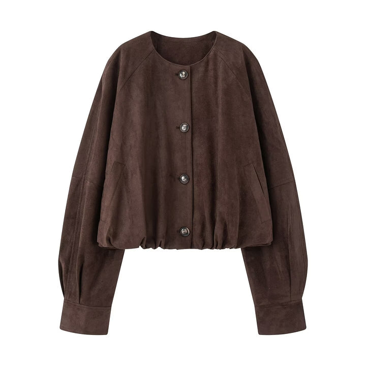 Dam Kort Blouson Jacka i Kort Look med Round Neckline och Balloon Ärmar