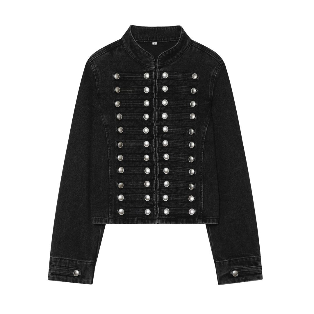 Dam Kort Denim Blouson i Tailcoat Stil med Dekorativ Row Knappar