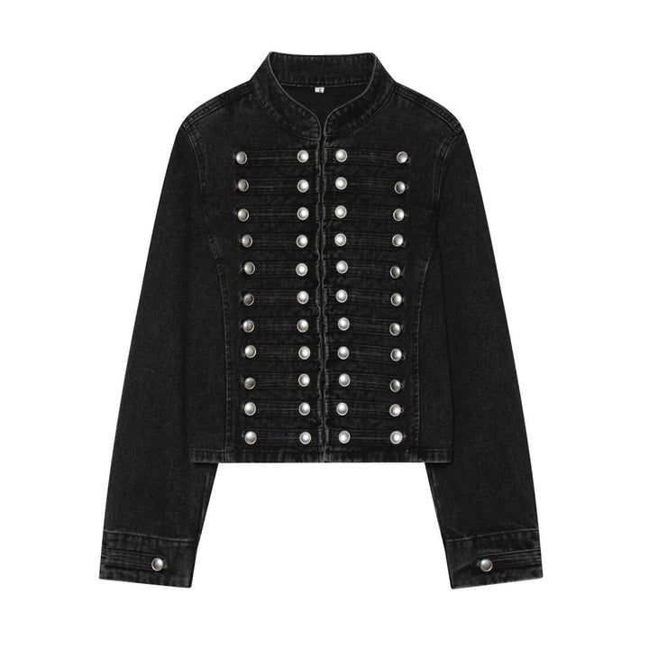 Dam Kort Denim Blouson i Tailcoat Stil med Dekorativ Row Knappar