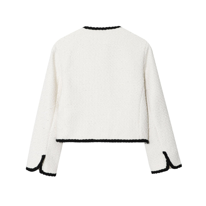 Dam kort-skärning Boucle jacka med braided kant och gold decorative knappar