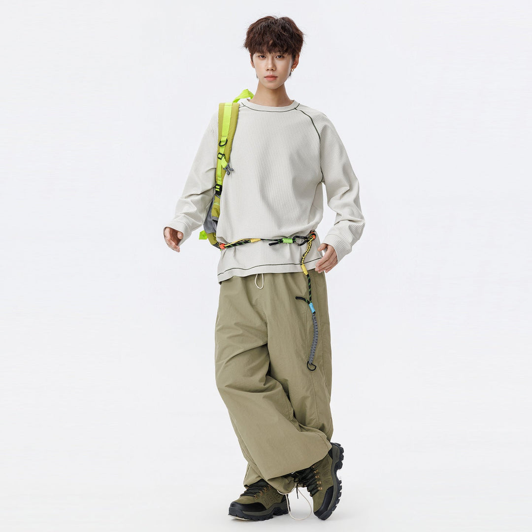 Herr Oversized Waffle Stickad College-Tröja med Round Neck, Raglanärmar och Contrast Sömmar