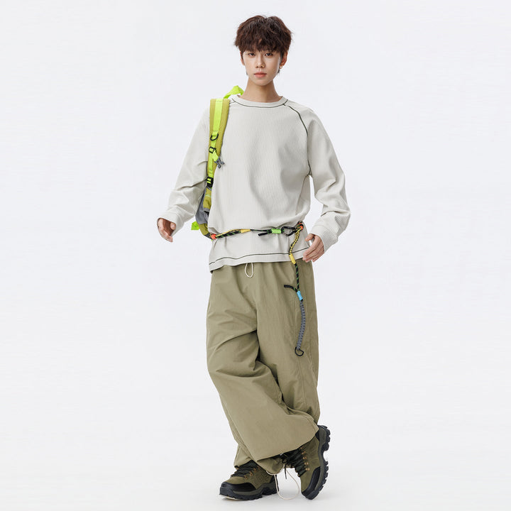 Herr Oversized Waffle Stickad College-Tröja med Round Neck, Raglanärmar och Contrast Sömmar