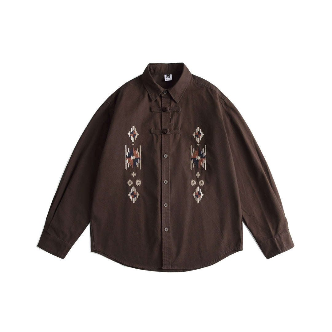 Herr Broderad overshirt i Chinoiserie Look med Grodknappar Stängningar och Lös Passform