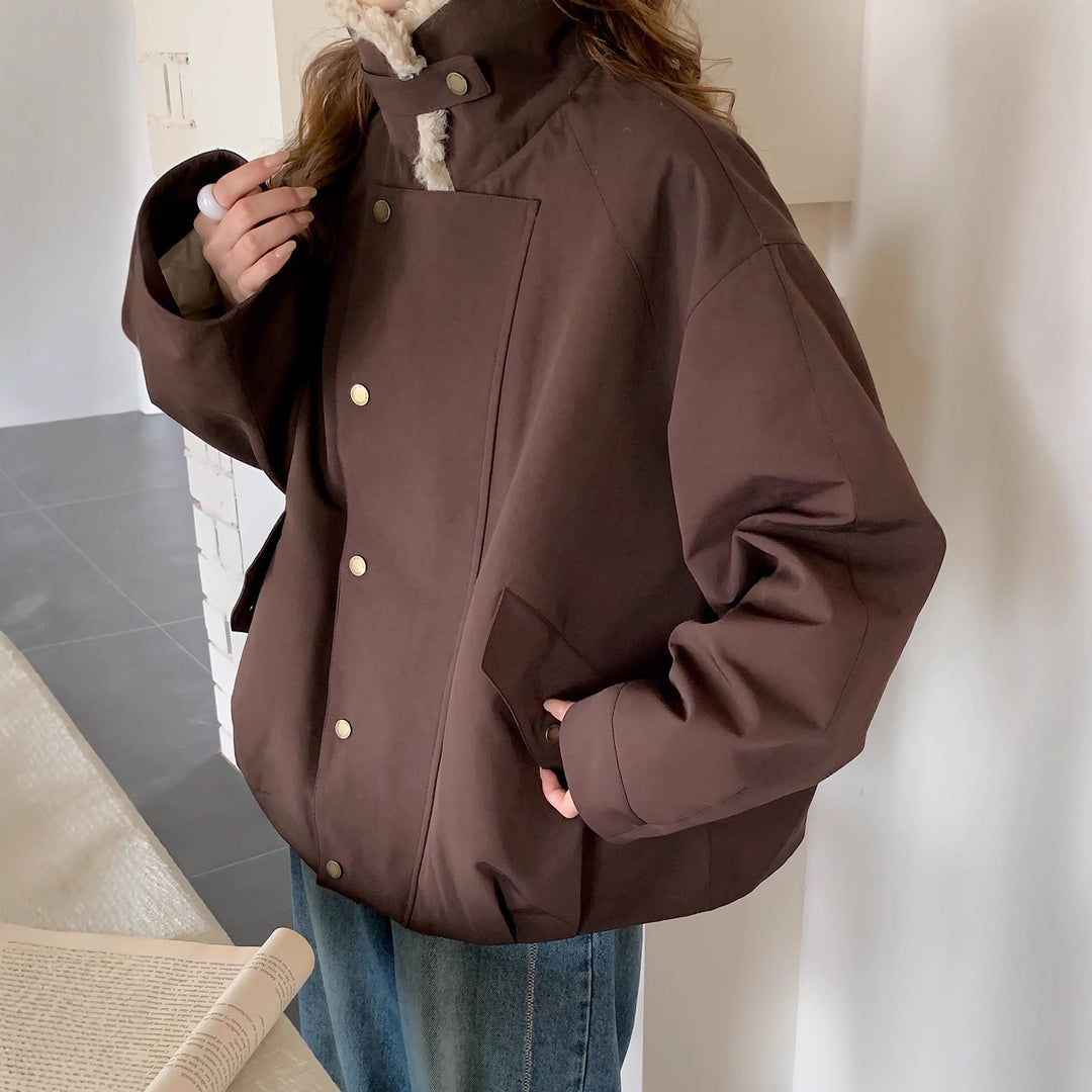 Dam oversize kort jacka med teddy krage och Flap fickor