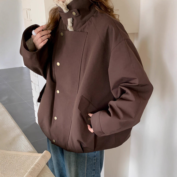 Dam oversize kort jacka med teddy krage och Flap fickor