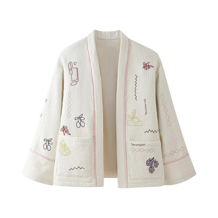 Dam non-quiltad kimono jacka med decorative embroidery, påsydda fickor, och avslappnad oversized skärning
