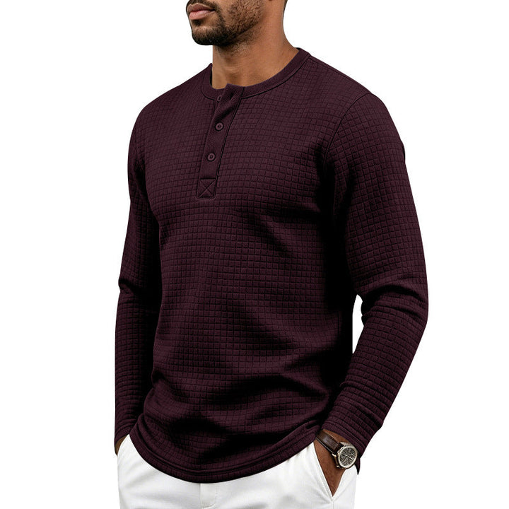 Herr Strukturerad Waffle Termisk Skjorta med Henley Knapplist och Rounded Fåll