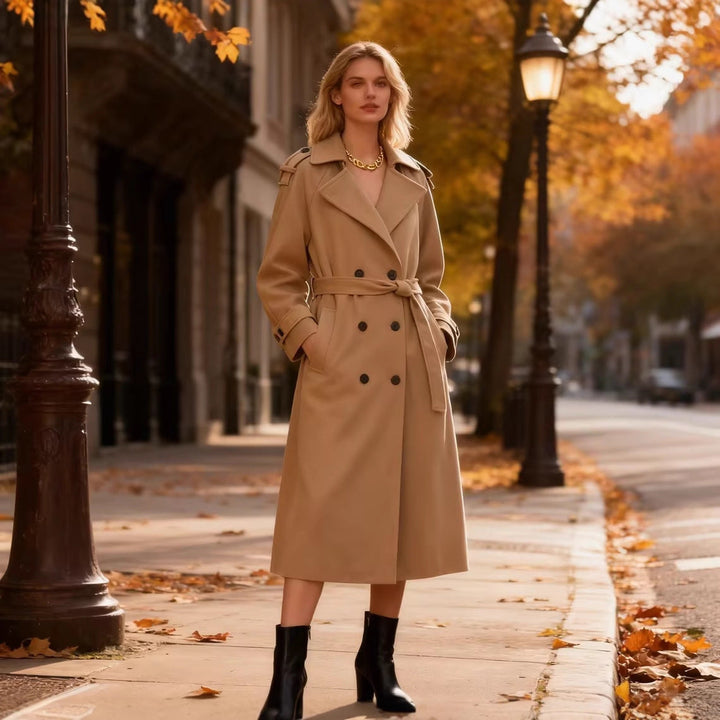 Dam Lång Dubbel-Breasted Trenchcoat med Bälte och Axel Straps