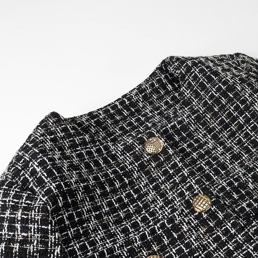 Dam Boucle tweed jacka med Round Neckline, Gold dekorativ knappar och utanpåfickor