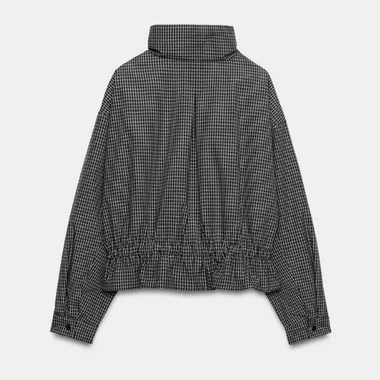 Dam Kort Jacka med Waist Drawstring, Stå Krage och Patch Fickor