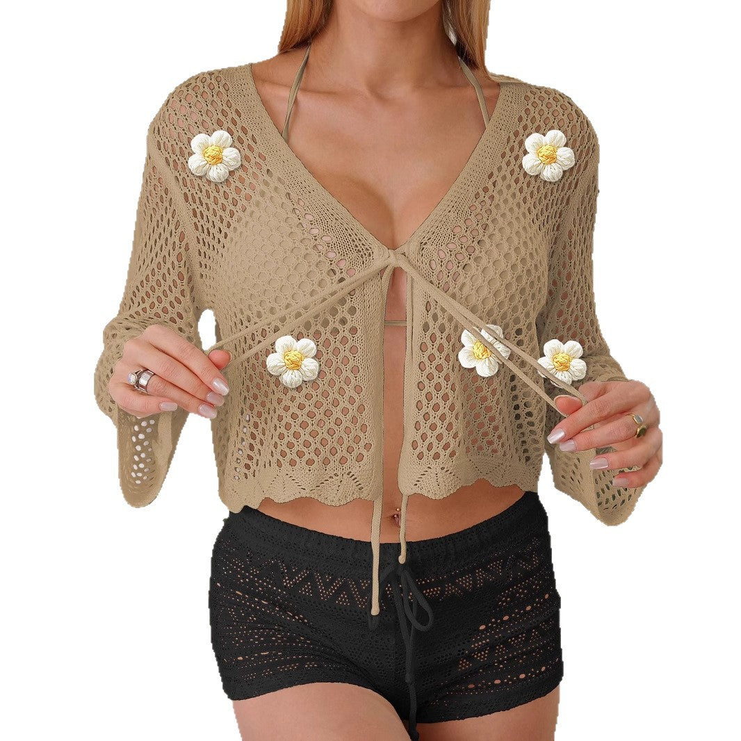 Dam lätt virkad jacka med floral detail