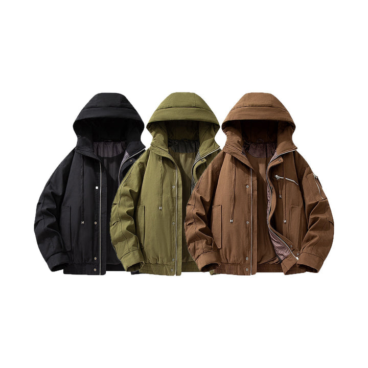Herr Utility Jacka med Huva med Dragkedja, Multifunctional Fickor och Elastic Fåll Drune
