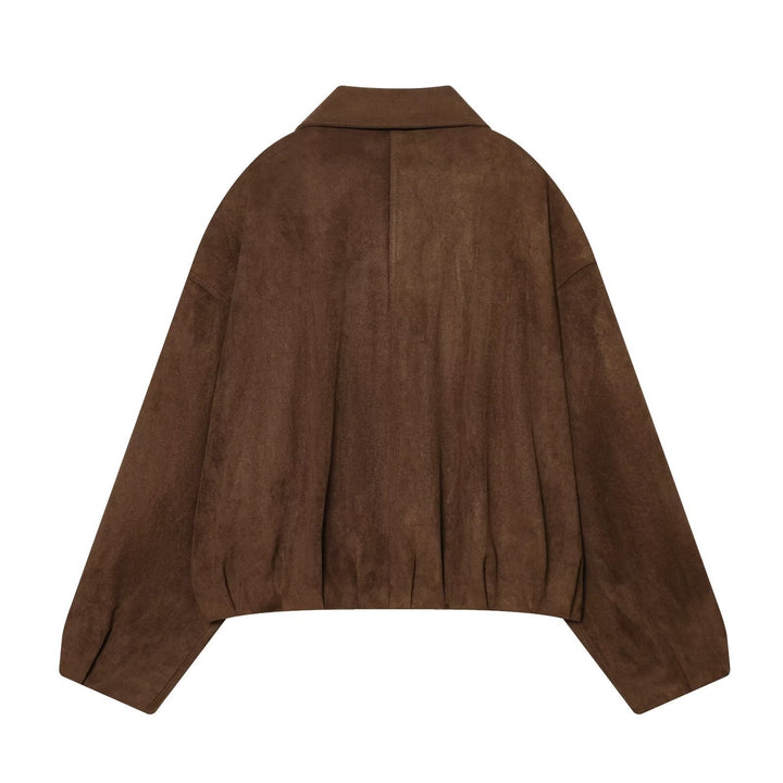Dam Kort Suede Bikerjacka med Shoulder Flaps, Dragkedja Fickor och Boxig Silhuett