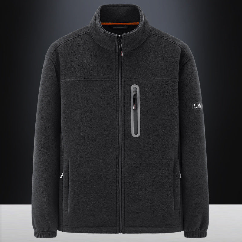 Herr fleece jacka med vindresistent microfleece, welded bröst dragkedja ficka, och elastiska muddar