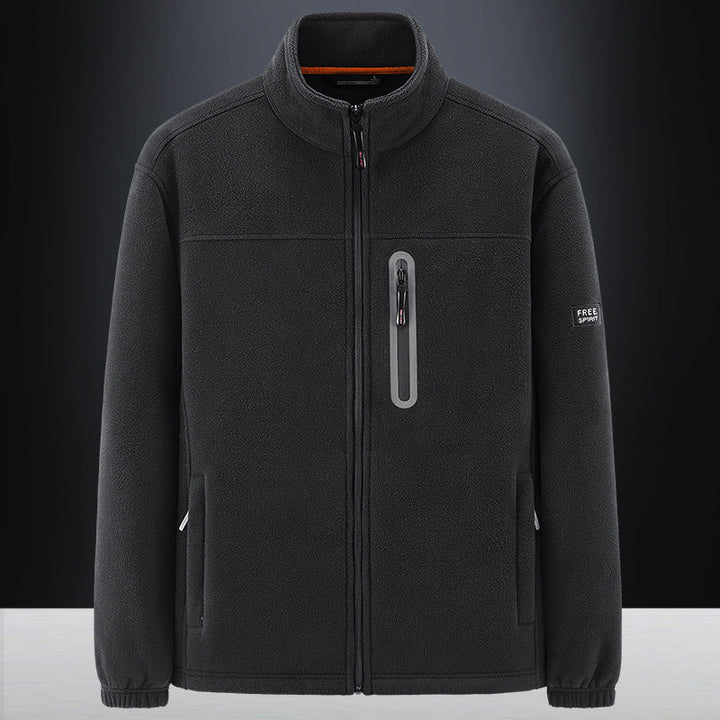 Herr fleece jacka med vindresistent microfleece, welded bröst dragkedja ficka, och elastiska muddar