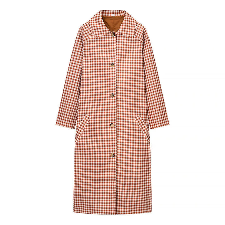 Dam rutig midi trenchcoat med skjortkrage, full knäppning och påsydda fickor