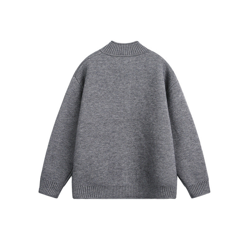 Unisex Stickad Dragkedja Jacka med Hög Ribbad Krage och Oversized Skärning