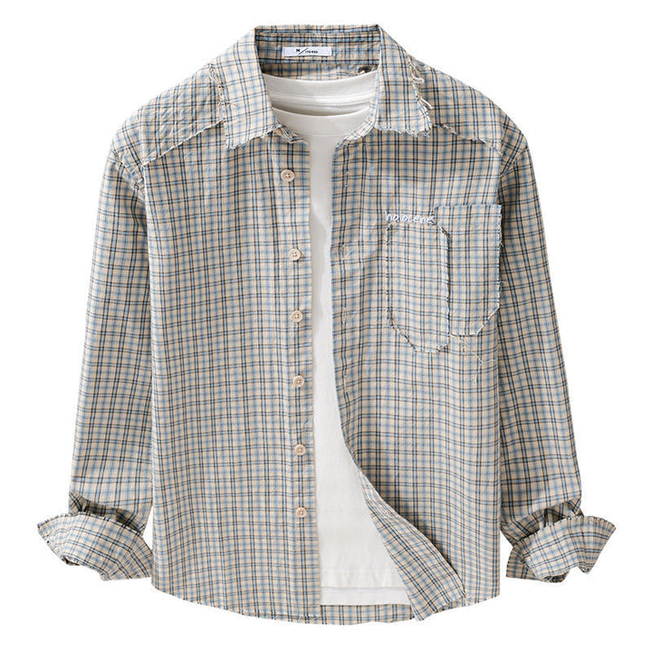 Herr Check Overshirt med Frayed Fåll, Bröstficka, och Avslappnad Passform