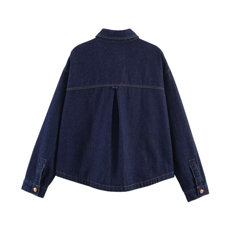 Dam Oversized Denim Jacka med Boxig Kort Skärning, Utanpåfickor och Contrast Stitching
