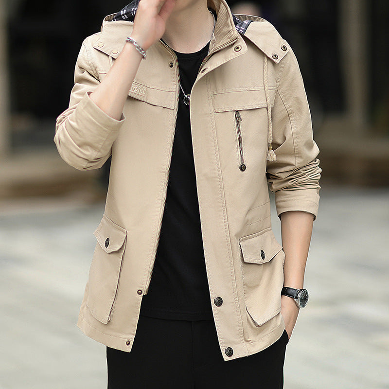 Herr Lätt Canvas Parka i Fält Stil med Huva och Multifunctional Fickor
