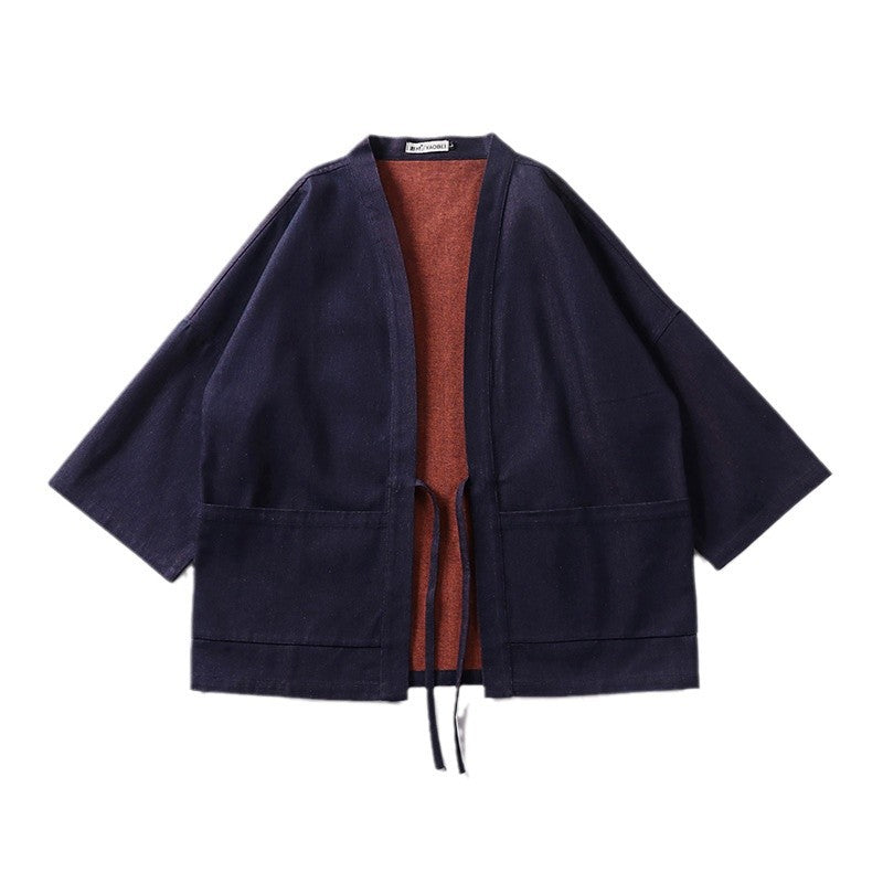 Unisex lätt denim Kimono jacka med kontrast foder och knytband
