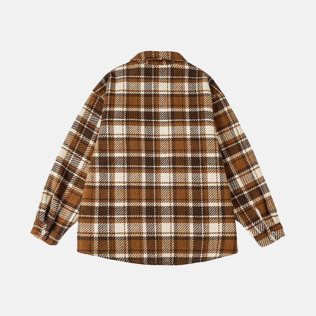 Unisex Rutig Overshirt Jacka i Shacket Stil med Patched Bröst Fickor och Avslappnad Oversized Passform