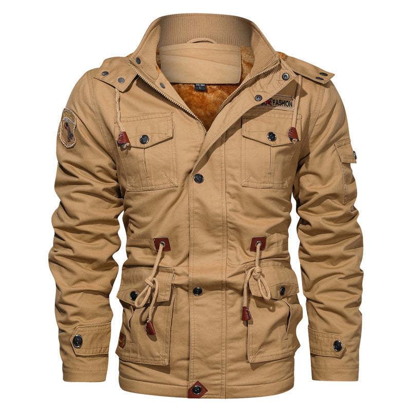 Herr Canvas Parka i Militär Utility Stil med Teddy Fleecefoder, Dragsko Midja, och Multifunctional Fickor
