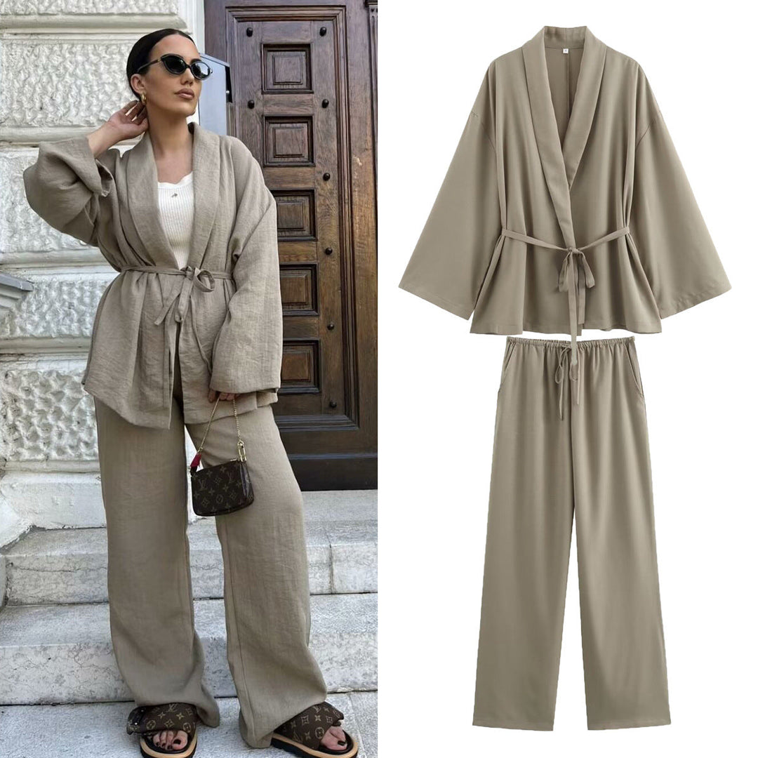 Dam Kimono Jacka med Wrap Belt, Loose Passform och Shawl Krage