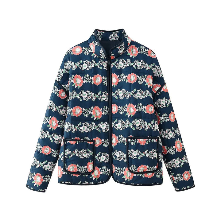 Dam quiltad kort jacka med floral alla-över tryck, light vaddering, ståkrage, och påsydda fickor