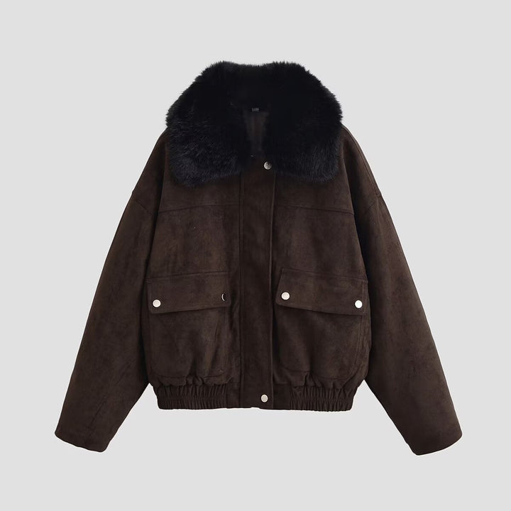 Dam Oversized Aviator Jacka Gjord av Mocka Läder Imitation med Stor Konstpäls Krage