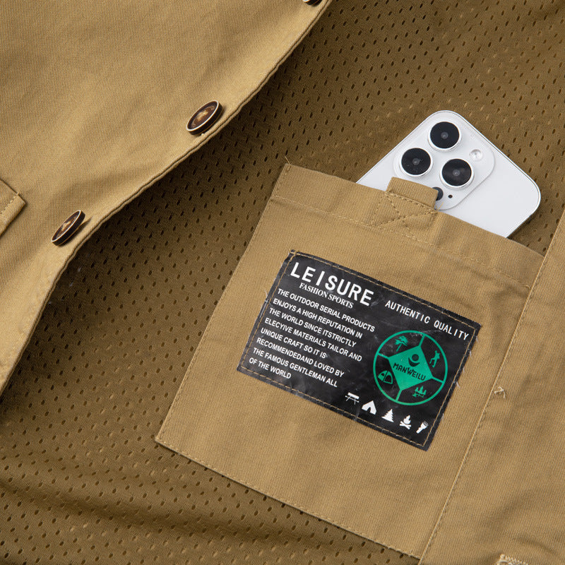 Herr Sleeveless Utility Canvas Väst med V-Neck, Knapplist, och Utanpåfickor