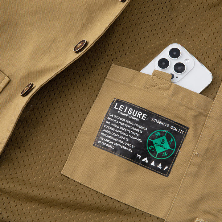 Herr Sleeveless Utility Canvas Väst med V-Neck, Knapplist, och Utanpåfickor
