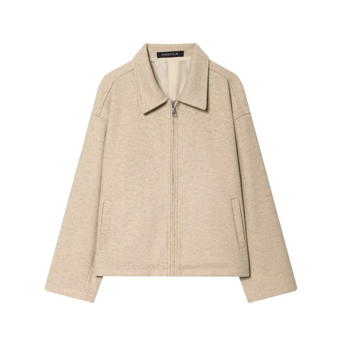 Dam Oversize Ull Blend Boxig Jacka med Full Dragkedja och Side Fickor