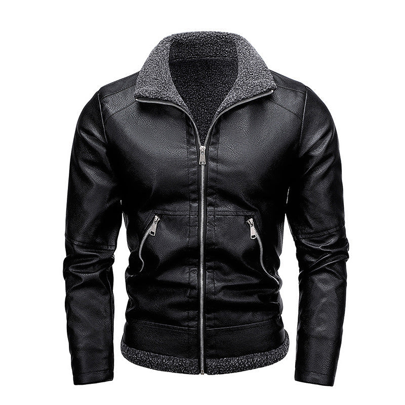 Herr Läder Look Pilot Jacka med Sherpa Interior Foder och Dold Zip Knapplist
