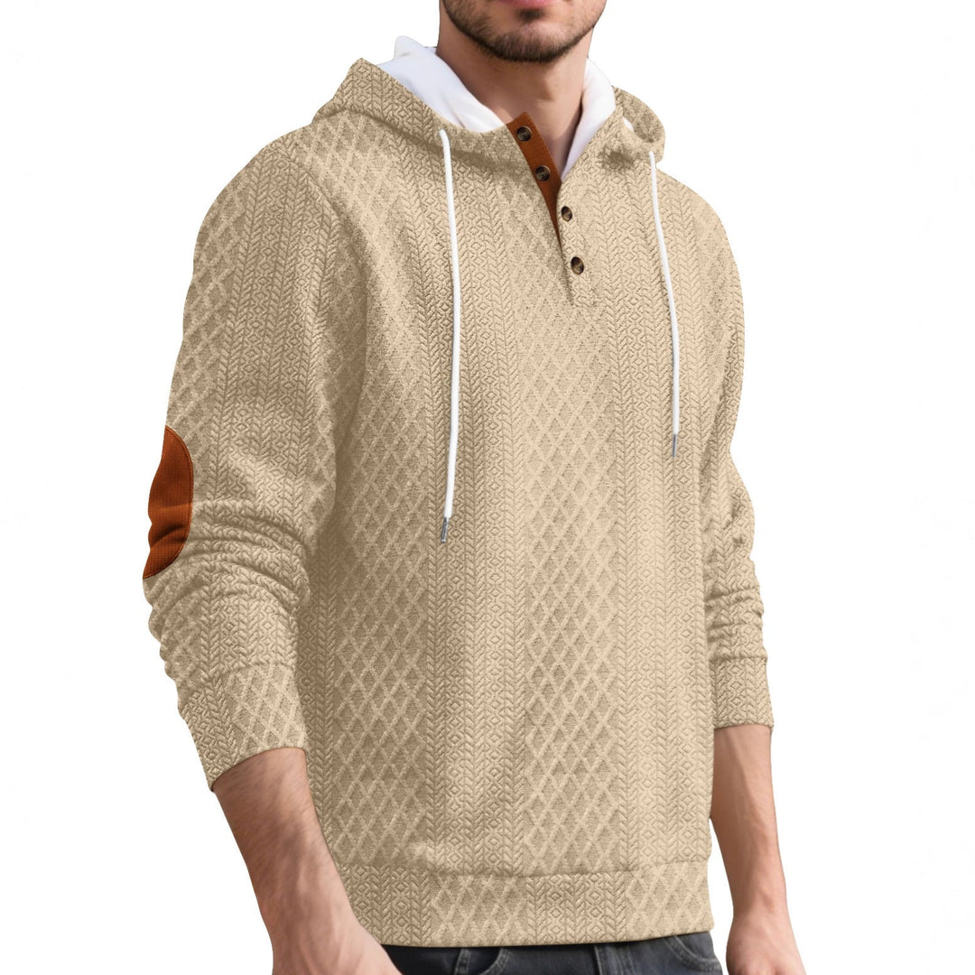 Herr Nan Diamond Structure Luvtröja med Kort Knapplist, Quiltad Huva Inner Edge, och Mocka Elbow Lapp