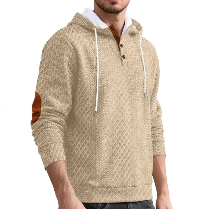 Herr Nan Diamond Structure Luvtröja med Kort Knapplist, Quiltad Huva Inner Edge, och Mocka Elbow Lapp