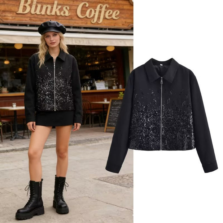 Dam Kort Jacka med Hel-Length Dragkedja och Gradient Sequin Kant