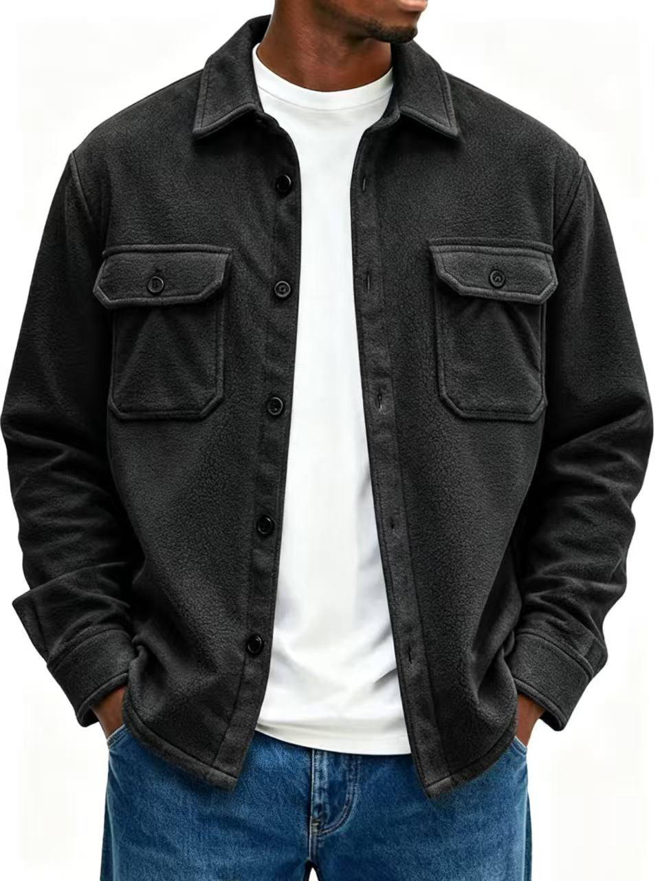 Herr fleece overshirt med bröstfickor och skjortkrage
