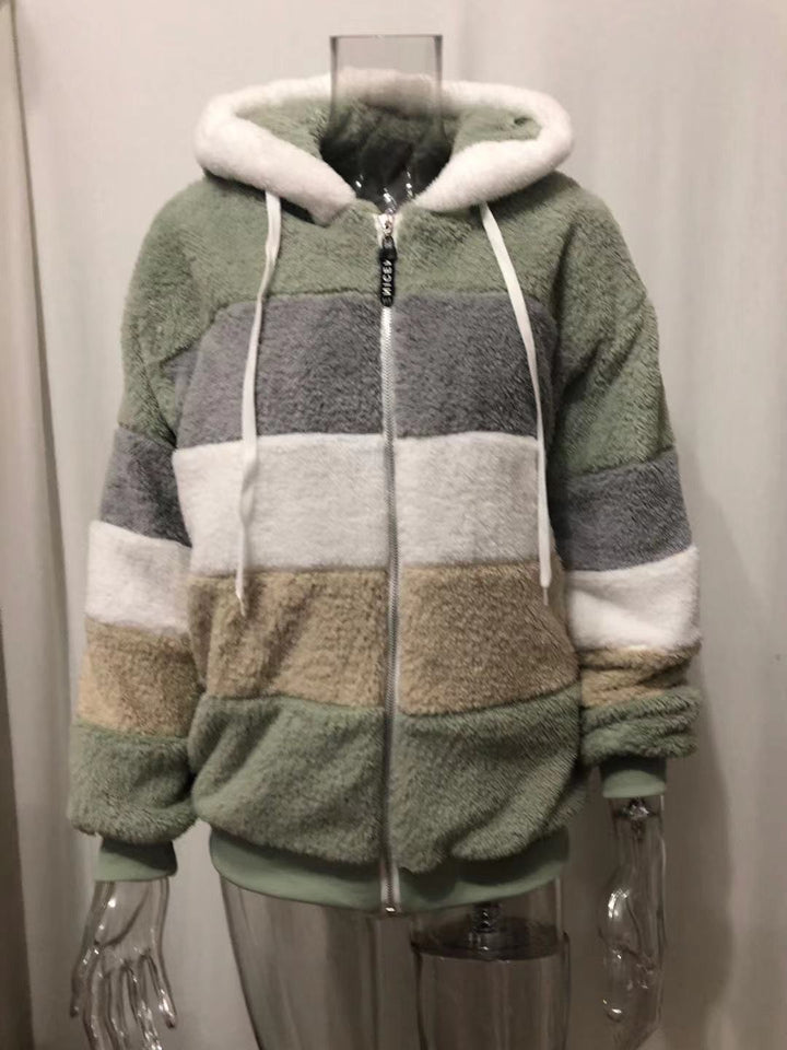 Dam oversized faux fur patchwork hooded jacka med ribbstickade muddar och two-way dragkedja