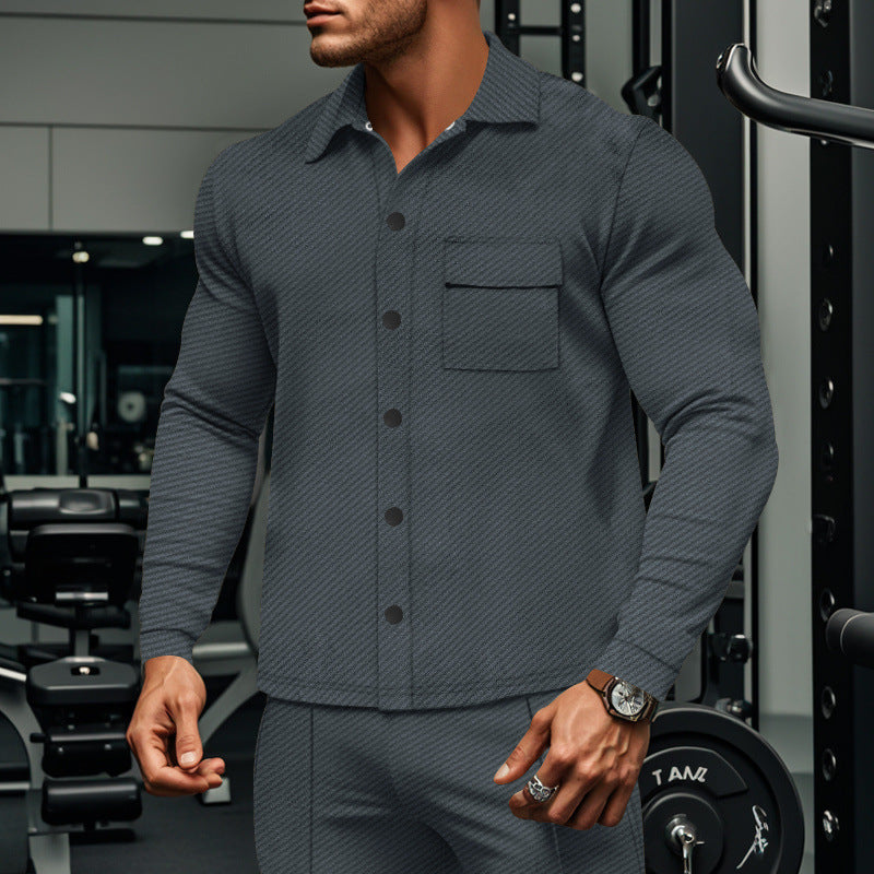 Herr slim ribbad structure overshirt jacka med tryckknapp stängning och bröst lock