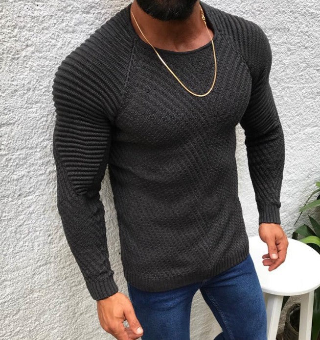 Herr Strukturerad Smal-Passform Raglan Tröja Gjord av Fin Ribbad och Waffle Stickad