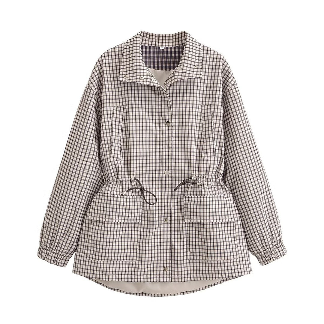 Dam Checked Övergångsjacka med Drawstring Waist och Lock Fickor