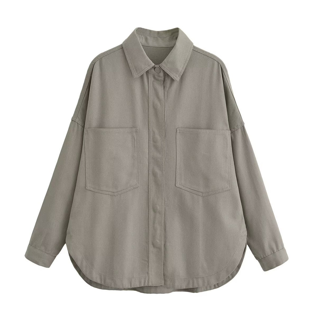 Dam Oversize Jeans Skjortjacka med Patch Fickor och Rounded Nederkant