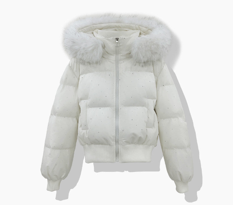 Dam kort quiltad puffer blouse med fine rhinestone embellishment, detachable huva med fuskpäls och elastisk fåll