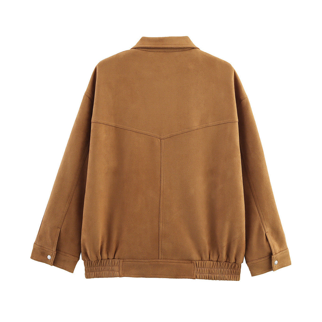 Dam avslappnad velour jacka med snap knäppning, patch flap fickor, och elastisk fåll