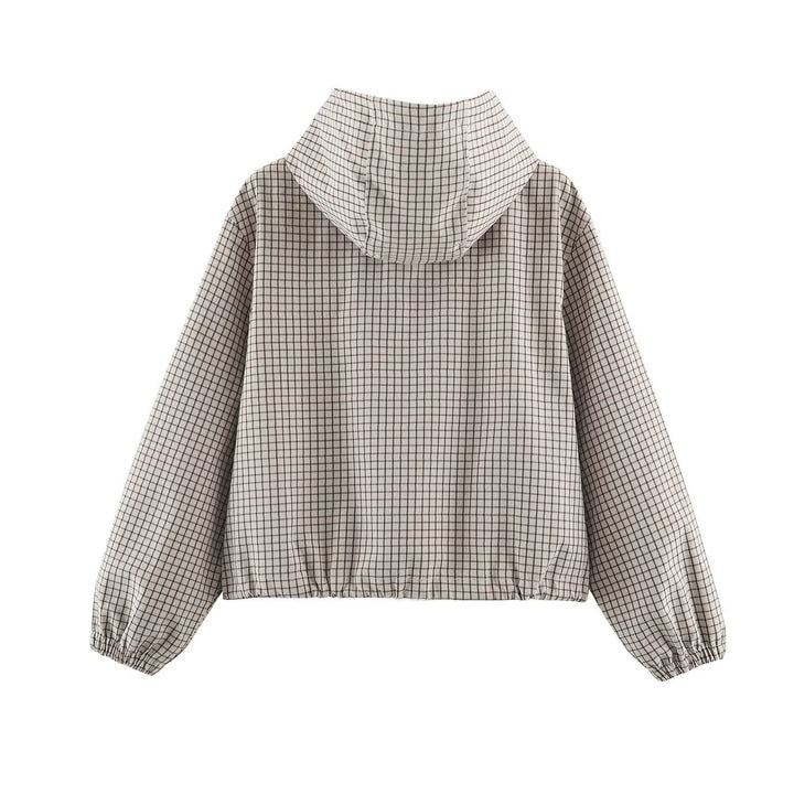 Dam Kort Rutig med Huva Blouson med Drawstring, Dragkedja och Elastic Muddar