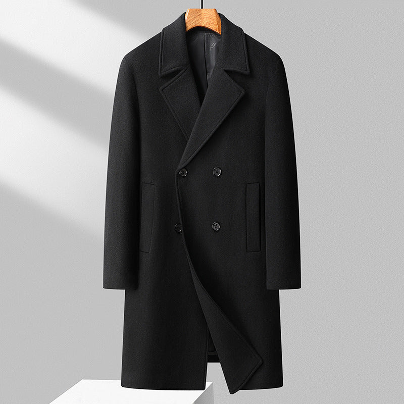 Herr Long Ull Blandning Overcoat i Minimalistisk Skärning med Notched Lapel och Dold Fickor