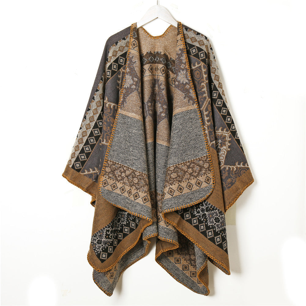 Dam ullblandning jacquard capeponcho i ethnic look med decorative stitch