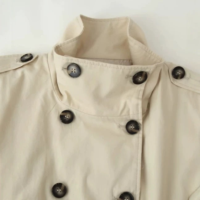 Dam kort Double-Breasted trench jacka med Stand krage, Epaulettes, och Elastic fåll